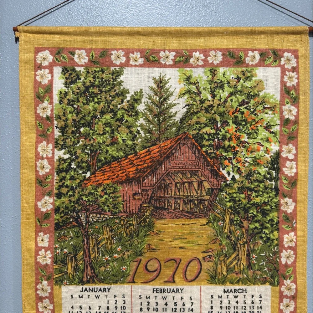 Vintage 1970 Linen Calendar Tea Towel Covered Bridge Floral Wall Hanging 16x28